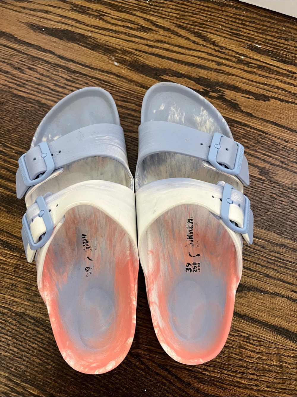 Birkenstock Rubber Sandals in White and Light Blue with Coral Accents - Size 39